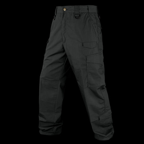 The Condor Sentinel Tactical Pants in black feature multiple pockets, belt loops, and a relaxed fit, shown against a white background.